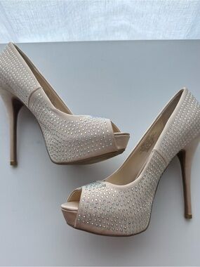 JLO Blingy Blush Crystal Peep-Toe Platform Heels